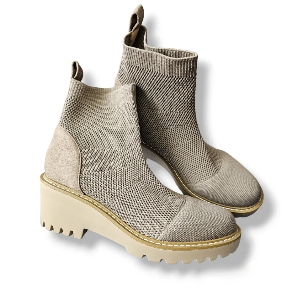 Nicole Miller Taupe-Beige Ankle Wedge Knit Sock Boots - Picture 3 of 7